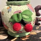 Vintage Mary Engelbreit Green red Cherry Fabric Teapot Pincushion W storage 4 5 