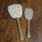 Vtg Hand Mirror   Brush  Flowers Floral Embroidery Brass Tone Dresser  Victorian