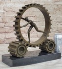 Art Deco Bronze Sculpture Athlete Pushing A Wheel Strength Abstract Modern Artwo