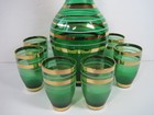 Vintage  Bohemian Green Gold Liquor Set Decanter   6 Glasses Czechoslovakia