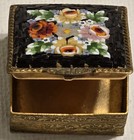 Vintage Italian Brass Pill   Trinket Box With Hinged Floral Micro Mosaic Lid