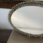 Vtg 13 5x9 5    Oval Brass Filigree Floral Dresser Vanity Mirrored Perfume Tray