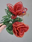 Pair Of Vintage French Beaded Flowers     Red Roses With Green Leaves