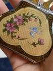 Rare  Vintage Compact Enamel Yellow   White Guilloche W Pink Roses   Dove Read   