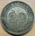 1893 Straits Settlements 20 Cents Silver Coin  Victoria  Km 12 