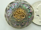 Vintage Glass Button Iridescent W  Gold Trim  Glass Set In White Metal  1-1 16 