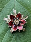 Hroar Prydz Red Flower Brooch Sterling Silver Enamel Norway Norwegian Vtg 3014