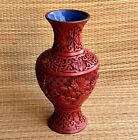Beautiful Vintage Chinese Carved Floral Red Cinnabar Blue Enamel Brass 6 5    Vase