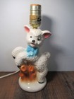 Vintage Ceramic Baby Nursery Lamp Childs Room Decor Cute Lamb With Blue Bow