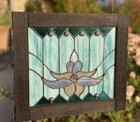 Stained Glass Lotus Flower Window Panel Suncatcher Hangin Wood Frame Art Nouveau