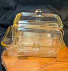 5 Pc Vintage Usa Glassbake Usa 3 Pans   2 Knobbed Lids Ribbed Casserole bread 