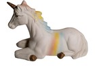 Vintage 1980s Ceramic Unicorn Figurine Pastel Rainbow Retro Decor Gold Hooves