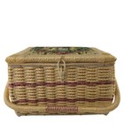 Vintage Sewing Basket W handle Woven Farm Girl Motif Fabric Top Box 8 X 10 5 X 7