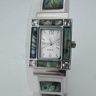 Vtg Japan Movt Quartz Watch Women Silver Abalone Cuff Bangle Analog New Battery