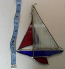 Vintage Stained Glass Sun Catcher 8 5  Red White Blue Nautical Sailboat Soldered
