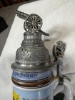 German Decorative Beer Stein W  Hinged Pewter Lid   Cannon Finial Regimental