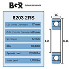 Bgr 10 Pcs 6203 2rs Emq Double Rubber Sealed Ball Bearing  17x40x12 Mm