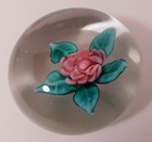 Clichy Type Lampwork Of A Large Red Rose W green Leaves Art Glass Paperweight