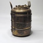 Antique Indian Brass Tiffin Box With Engraved Patterns   Attached Fork And Spoon