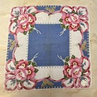 Vtg Floral Hankie Cotton Pink Bouquet On Blue   White Nwt 12x12 