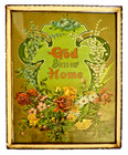 Antique 17x21  Framed God Bless Our Home Floral Chromolithograph Print C 1910