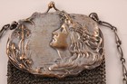 Antique Art Nouveau Silver Plated Chainmail Beaded Coin Makeup Mirror Purse