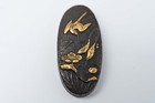 Fuchi Kashira Japanese Antique Mumei Swallow   Bellflower Design Shakudo Edo Era