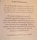 Nos  Honorable Order Of Kentucky Colonels  Medal Of Distinction On Card   2008