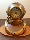 Brass On Wood Base   Ships Clock  Diver Bell Mounted  Vtg Taiwan