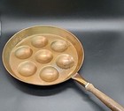 Vtg  8    Copper Escargot Egg Poaching Pan With Brass 10    Wood Handle Patina Decor