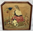 Antique Needlepoint Stumpwork Plushwork King Charles Spaniel Girl Parrot Flowers