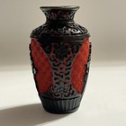 Vtg Chinese Black Red Carved Cinnabar Lacquer Vase Blue Enamel Brass Body 4 25 
