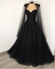 Gothic Black Strapless Wedding Dress With Cape Lace Up A Line Tulle Bridal Gown