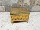 Vintage Ormolu Jewelry Casket Beveled Glass Lid Gold Filigree Footed Trinket Box