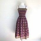 Vintage 70s Ethnic Midi Dress Cross Stitched Print Shirred Full Skirt Sundress