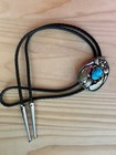 Vintage Alpaca Silver Blue Turquoise Cabochon Bolo Tie With Floral Leaf Mexico