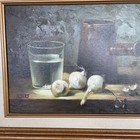 Original Still Life Oil Painting On Canvas Garlic   Pot Signed Framed Vintage