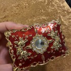 Vintage Red Jewelry Trinket Box With Gold Floral Design   Faux Gem 
