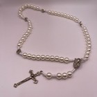 White Pearl Rosary With Crucifix   Virgin Mary Medal     Catholic Prayer Beads
