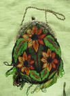 Antique Victorian Beaded Purse Glass Beads Floral Brass Frame Bag Sunflower