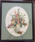 Vintage 1970 s Crewel Embroidery Of Pitcher W wildflowers Framed 21 25x26 Green