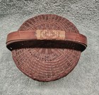 Vintage Small Covered Sewing Basket - Woven Wicker W lid   Handle