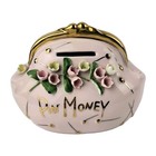 Lefton China Pin Money Purse Coin Bank Vintage Pink With Flowers Gold Paint Trim