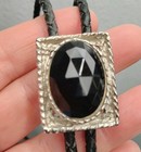 Vtg Woven Black Bolo Tie Glass Cabochon Silver-tone Western Rockabilly Gothic