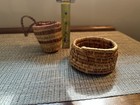 Native American Antique Woven Round Baskets W  Handles  Beige Pink Brown  4 In