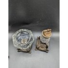 Vintage Hollywood Regency Ornate Metal   Lucite Table Lighter And Ashtray Set