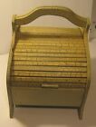 Antique Roll-top Wooden Sewing Basket Floral Motif Light Green Very Good    