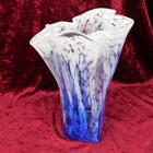 Vtg Hand Blown Glass Vase  Blue   White Ruffled Handkerchief Vase 8 5 