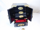 Vtg Chinese Black Lacquer Jewelry Box Cabinet Mother Of Pearl Inlay Brass Detail