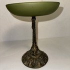 Antique Vintage Compote Brass Kio Dragon Fish Pedestal Frosted Green Glass 